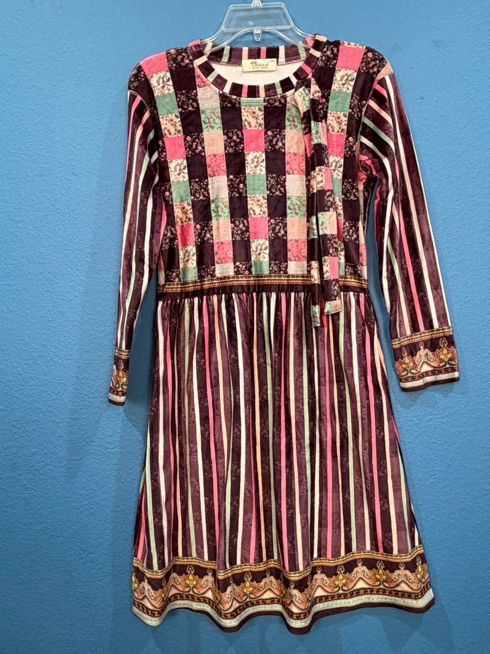 Ogsan Earthly Fashion Rainbow Patchwork Velvet Dress Jr Size XXL Runs Small